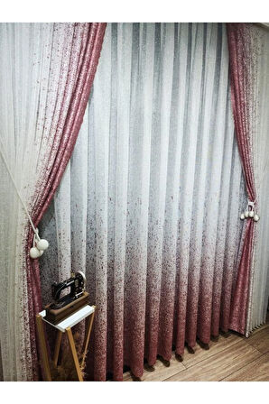 Yeni Tasarım Pembe-Pudra Serpinti  Sağ/Sol Takım Tül Fon Perde