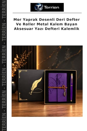 Mor Yaprak Desenli Deri Defter Ve Roller Metal Kalem Bayan Aksesuar Yazı Defteri Kalemlik