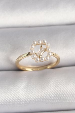 Pirinç Gold Renk Zirkon Taş Detaylı İncili Ayarlanabilir Yüzük 5886