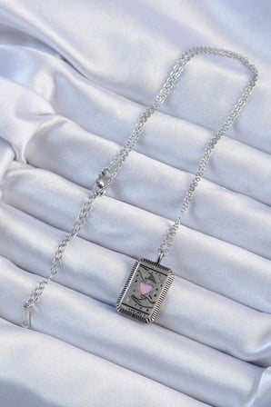 316L Çelik Zincir Eskitme Gümüş Renk Pembe Mineli Kalp Figürlü Tarot Kolye 588