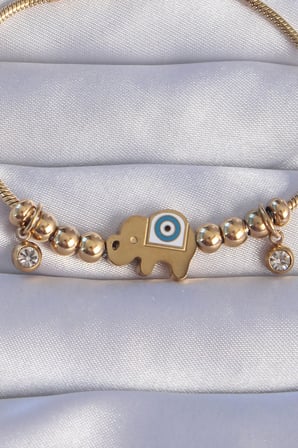316L Çelik Gold Renk Zirkon Taşlı Nazarlı Fil Tasarımlı Bileklik 5886
