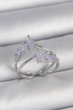 Pirinç Gümüş Renk Mor Damla Zirkon Taşlı Taç Model Kadın Yüzük 5886