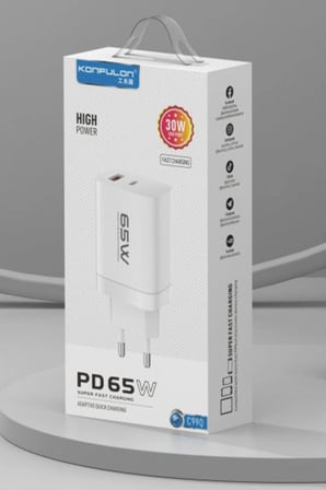 Konfulon C99Q 65W PD Destekli Type-C ve USB Çift Çıkışlı Hızlı Şarj Adaptörü - Beyaz
