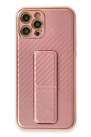 Uray store Apple iPhone 12 Pro Kılıf Coco Karbon Standlı Kapak - Pembe