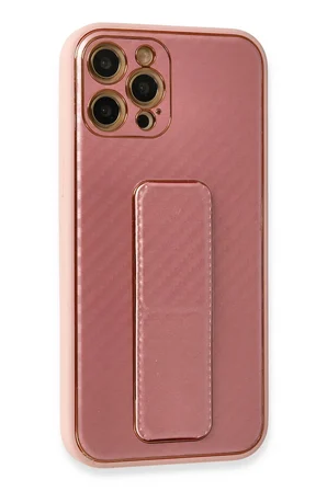 Uray store Apple iPhone 12 Pro Kılıf Coco Karbon Standlı Kapak - Pembe