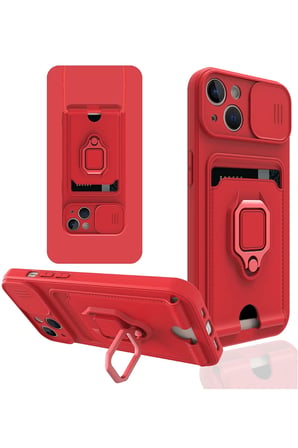 Uray store Apple iPhone 14 Plus Kılıf Zuma Kartvizitli Yüzüklü Silikon - Kırmızı