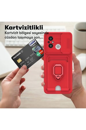 Uray store Xiaomi Redmi 12C Kılıf Zuma Kartvizitli Yüzüklü Silikon - Kırmızı