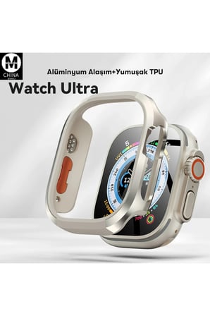 Movenchy Apple Watch Ultra 49mm MO-WT3 Alüminyum Camlı Kasa Ekran Koruyucu - Gold