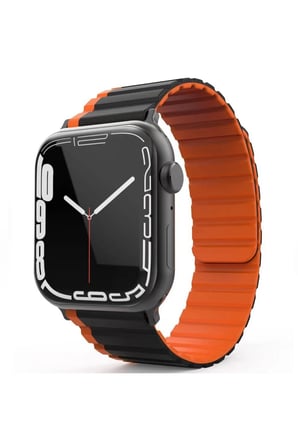 Movenchy Apple Watch 42mm MO-WB1 Çift Renk Mıknatıslı Silikon Kordon - Siyah-Turuncu