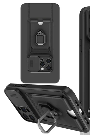 Uray store Apple iPhone 15 Pro Kılıf Zuma Kartvizitli Yüzüklü Silikon - Siyah