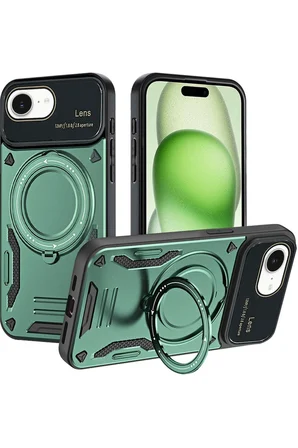 Uray store Apple iPhone 16E Kılıf Joy Lens Standlı Kapak - Koyu Yeşil