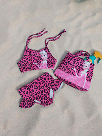 Pembe Kız Çocuk Leopar Desenli Plaj Çantalı Bikini Kız Çocuk Pembe Çantalı Bikini