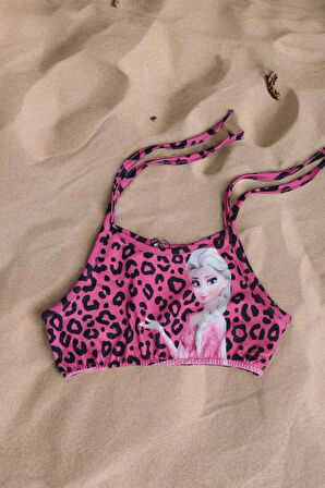 Pembe Kız Çocuk Leopar Desenli Plaj Çantalı Bikini Kız Çocuk Pembe Çantalı Bikini