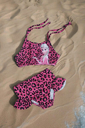 Pembe Kız Çocuk Leopar Desenli Plaj Çantalı Bikini Kız Çocuk Pembe Çantalı Bikini