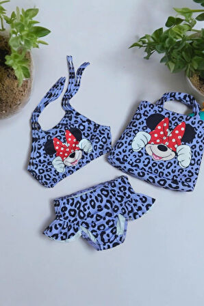 Lila Kız Çocuk Leopar Desenli Karakter Baskılı Bikini Kız Çocuk Plaj Çantalı Bikini