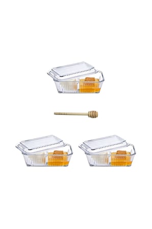3 Adet Frigo Bölmeli Saklama Kabı, Reçellik, Ballık, Kahvaltılık + Baran Ahşap Bal Kaşığı (daldız)