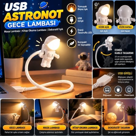 USB Astronot Gece Lambası, Masa Lambası, Kitap Okuma Lambası Işığı