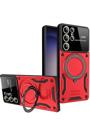 Newface Samsung Galaxy S25 Ultra Kılıf Joy Lens Standlı Kapak - Kırmızı