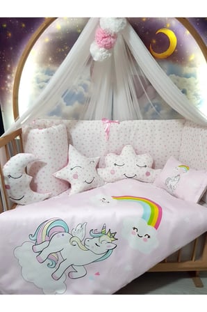 Kız Bebek Uyku Seti 60x120 - Dijital Yorgan ve Yastık, Cibinlikli, Beşik Kenar Korumalı