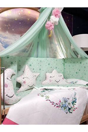 Kız Bebek Beşik Uyku Seti 60x120 - Cibinlikli, Kenar Korumalı, Dijital Yorgan ve Yastık