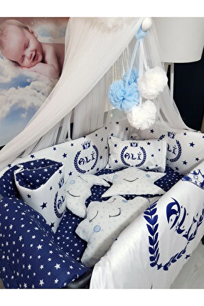 Erkek Bebek Uyku Seti 70x110 - İsimli, Dijital Baskılı, Beşik Kenar Korumalı, Cibinlikli