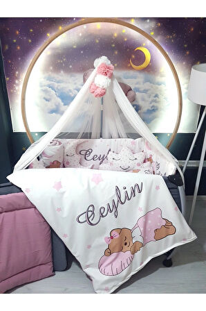 Kız Bebek Uyku Seti 70x110 - Park Beşik Kenar Korumalı, Cibinlikli, İsimli Dijital Baskılı