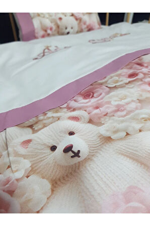 %100 Pamuklu İsim Nakışlı Çocuk Uyku Seti 5 Parça Peluş Ayıcık Ve Çiçek Desen 100x150 Cm