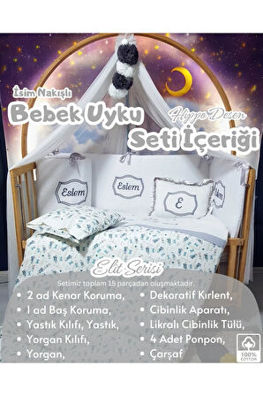 Elit Serisi 60x120 Bebek Uyku Seti Pamuklu - Gri Hippo, Likralı Cibinlik ve İsim Nakışlı Kırlent