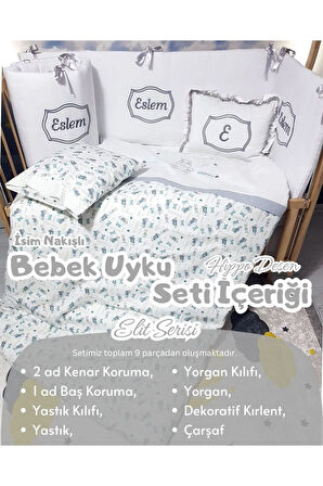 Elit Serisi 60x120 İsimli Bebek Uyku Seti Pamuklu - Gri Hippo, Nakışlı Kenar Korumalık ve Kırlent