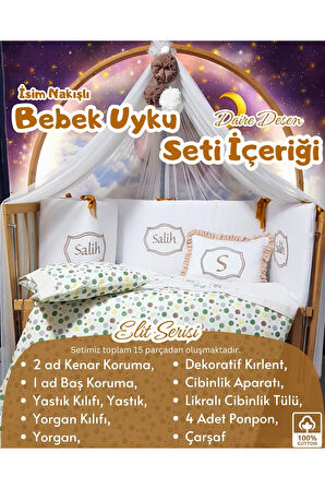 Elit Serisi 60x120 Bebek Uyku Seti Pamuklu - Kahve Daire, Likralı Cibinlik ve İsim Nakışlı Kırlent
