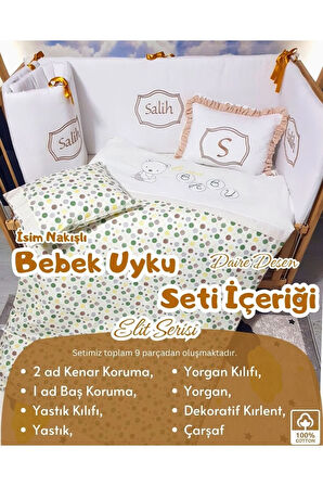 Elit Serisi 60x120 İsimli Bebek Uyku Seti Pamuklu - Kahve Daire, Nakışlı Beşik Korumalık ve Kırlent