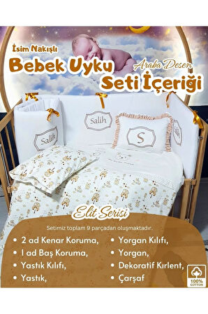 Elit Serisi 60x120 İsimli Bebek Uyku Seti Pamuklu - Kahve Araba, Nakışlı Kenar Korumalık ve Kırlent
