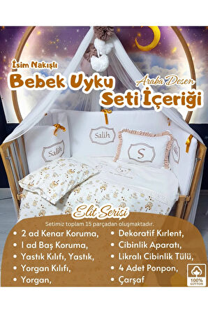 Elit Serisi 60x120 Bebek Uyku Seti Pamuklu - Kahve Araba, Lüks Cibinlikli ve İsim Nakışlı Kırlent