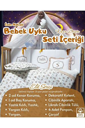 Elit Serisi 60x120 Bebek Uyku Seti Pamuklu - Kahve Kuzu, Likralı Cibinlik ve İsim Nakışlı Kırlent