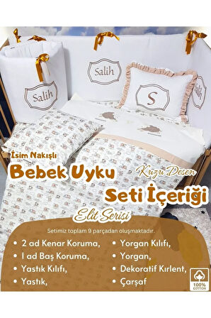 Elit Serisi 60x120 İsimli Bebek Uyku Seti Pamuklu - Kahve Kuzu, Nakışlı Beşik Korumalık ve Kırlent