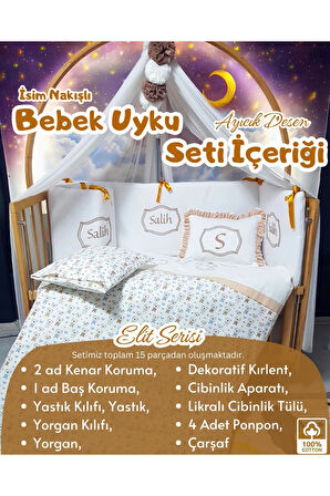 Elit Serisi 60x120 Bebek Uyku Seti Pamuklu - Kahve Ayıcık, Lüks Cibinlikli ve İsim Nakışlı Kırlent