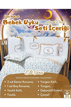 Elit Serisi 60x120 İsimli Bebek Uyku Seti Pamuklu - Kahve Ayıcık, Nakışlı Beşik Korumalık ve Kırlent