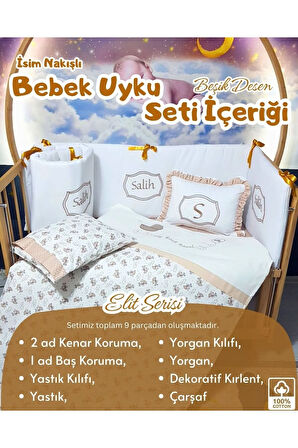 Elit Serisi 60x120 İsimli Bebek Uyku Seti Pamuklu - Kahve Beşik, Nakışlı Yan Korumalık ve Kırlent