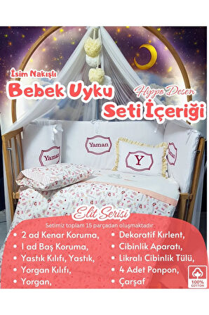 Elit Serisi 60x120 Bebek Uyku Seti Pamuklu - Kırmızı Hippo, Lüks Cibinlikli ve İsim Nakışlı Kırlent