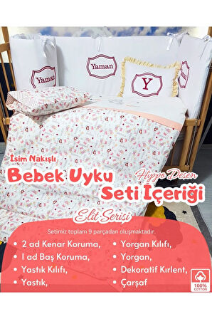 Elit Serisi 60x120 İsimli Bebek Uyku Seti Pamuklu - Kırmızı Hippo, Nakışlı Yan Korumalık ve Kırlent