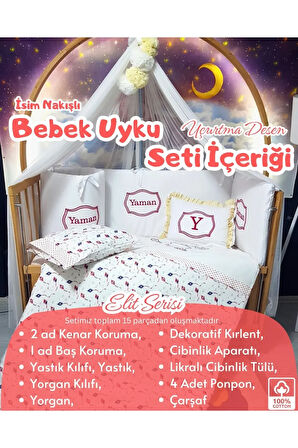 Elit Serisi 60x120 Bebek Uyku Seti Pamuklu - Kırmızı Uçurtma, Lüks Cibinlik ve İsim Nakışlı Kırlent