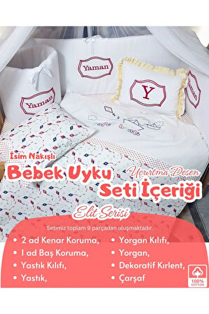 Elit Serisi 60x120 İsimli Bebek Uyku Seti Pamuklu - Kırmızı Uçurtma Nakışlı Yan Korumalık ve Kırlent