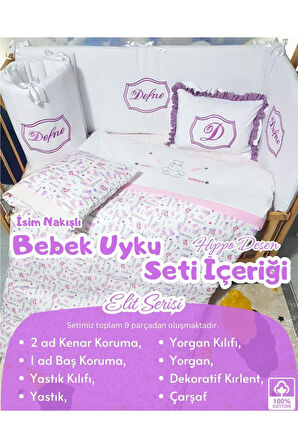 Elit Serisi 60x120 İsimli Bebek Uyku Seti Pamuklu - Lila Hippo, Nakışlı Kenar Korumalık ve Kırlent