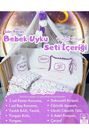 Elit Serisi 60x120 Bebek Uyku Seti Pamuklu - Lila Kalp, Lüks Cibinlikli ve İsim Nakışlı Kırlent