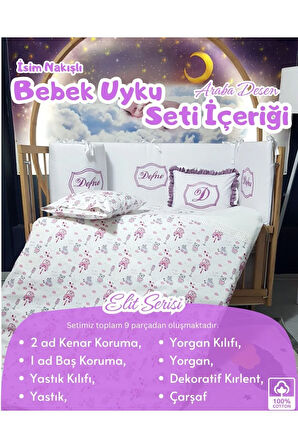 Elit Serisi 60x120 İsimli Bebek Uyku Seti Pamuklu - Lila Araba, Nakışlı Beşik Korumalık ve Kırlent