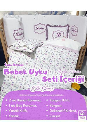 Elit Serisi 60x120 İsimli Bebek Uyku Seti Pamuklu - Lila Kalp, Nakışlı Kenar Korumalık ve Kırlent