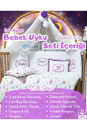 Elit Serisi 60x120 Bebek Uyku Seti Pamuklu - Lila Araba, Likralı Cibinlik Ve İsim Nakışlı Kırlent