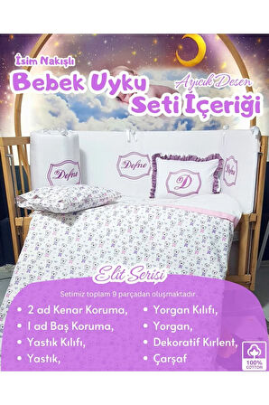 Elit Serisi 60x120 İsimli Bebek Uyku Seti Pamuklu - Lila Ayıcık, Nakışlı Kenar Korumalık ve Kırlent