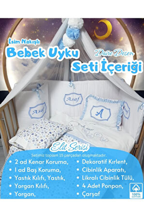 Elit Serisi 60x120 Bebek Uyku Seti Pamuklu - Mavi Daire, Lüks Cibinlikli ve İsim Nakışlı Kırlent
