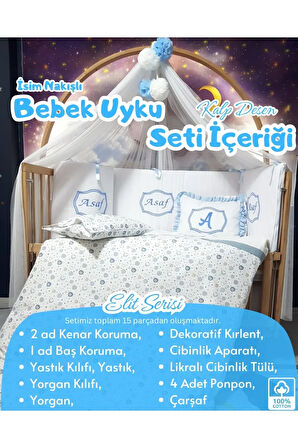 Elit Serisi 60x120 Bebek Uyku Seti Pamuklu - Mavi Kalp, Likralı Cibinlik ve İsim Nakışlı Kırlent
